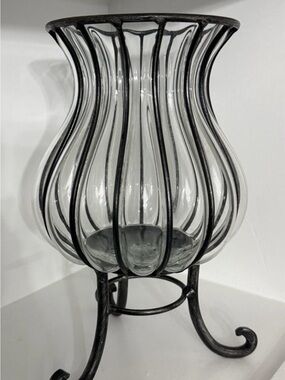 Antique Wrought Iron Imprisoned (Caged) Glass Vase/Hurricane Vase 9.0”x5.5”